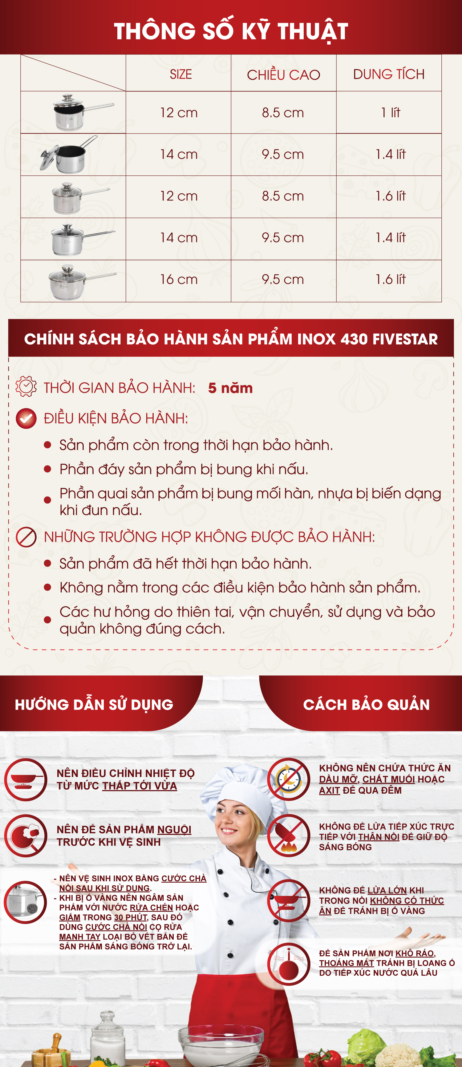 Quánh Nấu Bột Cháo Cho Bé Inox 430 Bếp Từ 3 Đáy Fivestar (12 - 16 cm) Nắp Kính + Tặng 5 Muỗng Ăn Inox