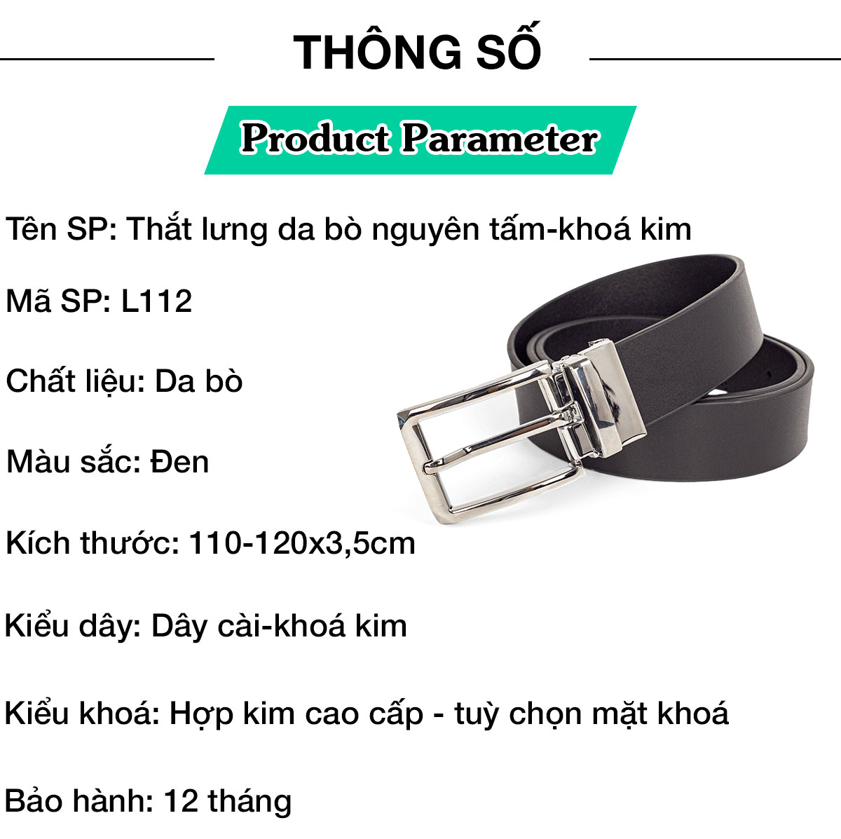 Thắt lưng nam, dây nịt nam da bò thật nguyên tấm Bụi Leather L112 - Khóa cài  - Bảo hành 12 tháng