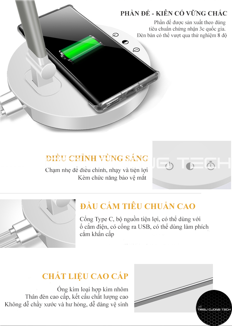 Đèn Led Bàn Đọc Sách Làm Việc Chống Cận - Cảm Ứng - Hỗ Trợ Sạc Không Dây - Điều Chỉnh Vùng Ánh Sáng Cho Sinh Viên - Học Sinh - Văn Phòng - Hàng Chính Hãng
