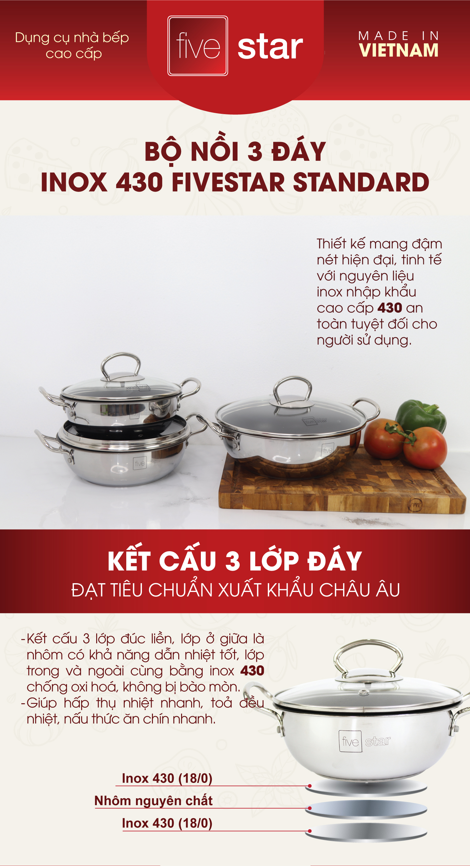 Nồi inox chống dính cao cấp Fivestar nắp kính inox 430 , tặng 5 muỗng ăn 18cm | 20cm | 22cm | 24cm | 26cm | 28cm
