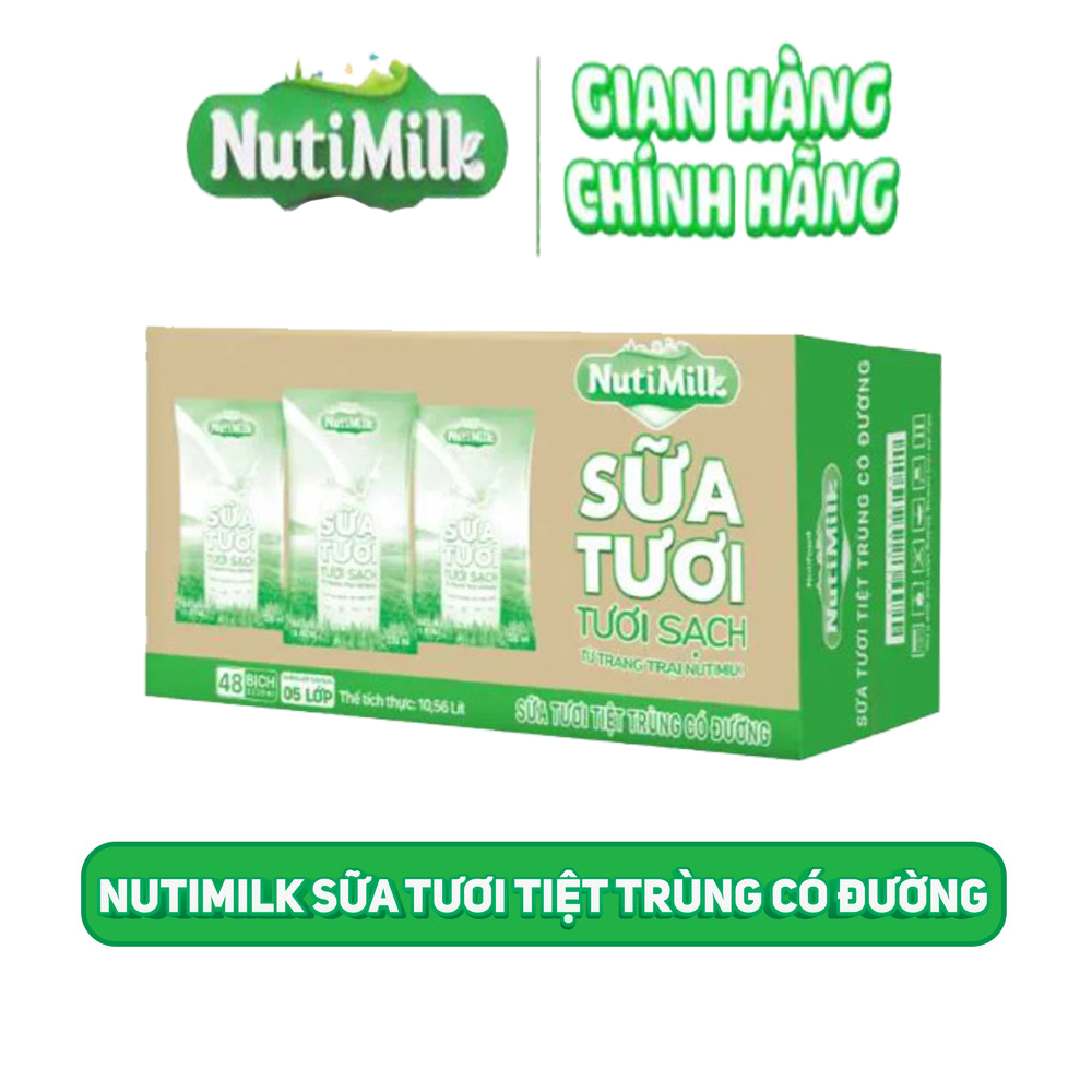 Thùng 48 bịch NutiMilk Sữa tươi 100 điểm - Sữa tươi tiệt trùng Có đường Bịch 220ml TU.STCDB220TI NUTIFOOD