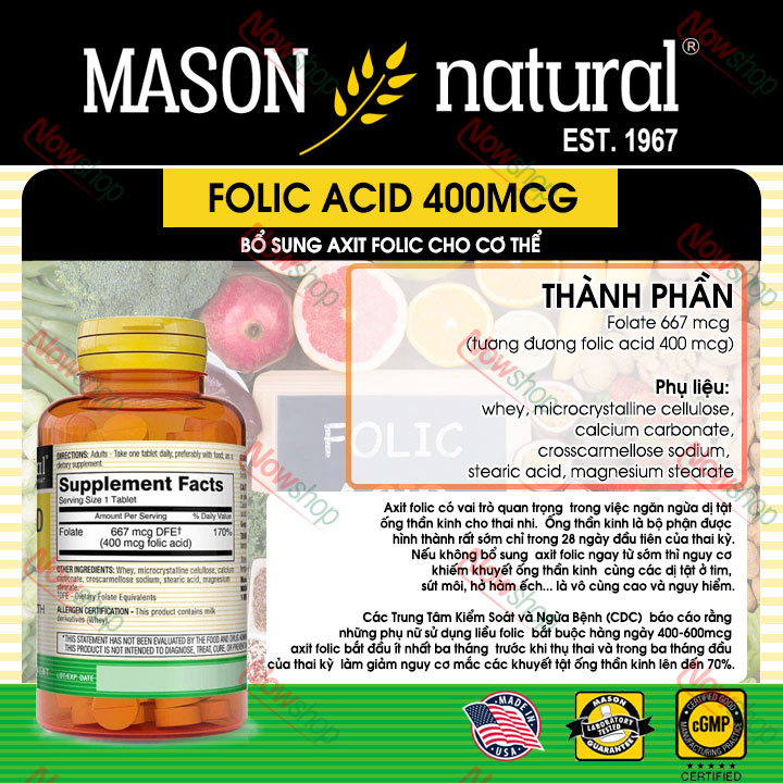 viên uống bổ bầu tăng cường sức khỏe mẹ ngăn ngừa dị tật thai nhi mason natural folic acid 400mcg 2