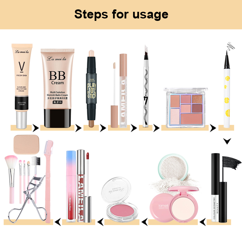 Combo trang điểm LAMEILA 17 món Kem BB+Phấn phủ*2+Phấn mắt+Mascara+Chì kẻ mày+Kem Lót Cách Ly Kem +Son môi *2+bút tạo khối +kẻ mắt+Phấn má hồng+kẹp bấm mi+Dao tỉa lông mày+Cọ trang điểm+Kem che khuyết điểm+Mút trang điểm