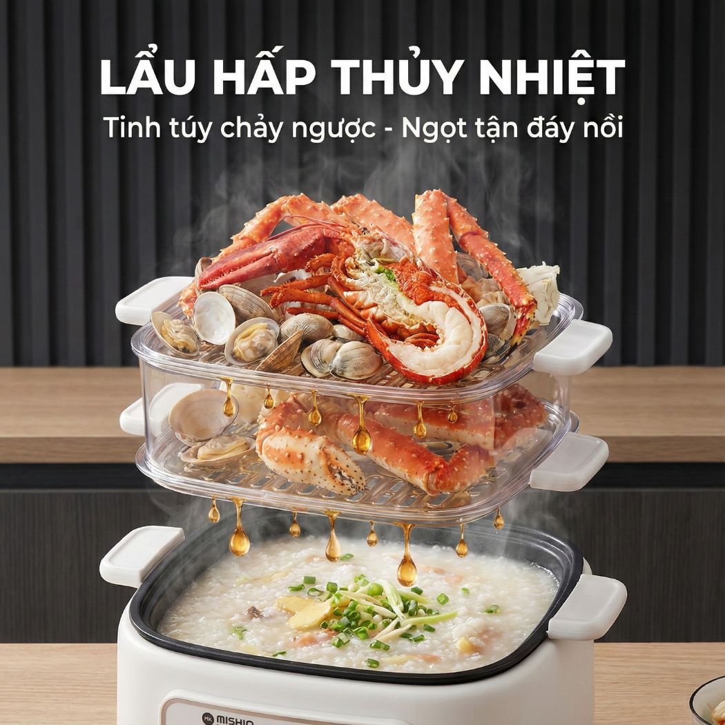 Nồi lẩu hấp thủy nhiệt Mishio MK382 khay hấp inox 304 - Hàng chính hãng
