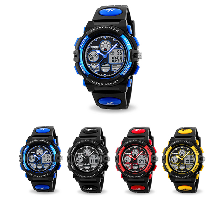 SKMEI High Quality Children Sports Wristwatch Dual Movements 5ATM Water-proof Kids Watch with Alarm Chronograph Back - Blue
