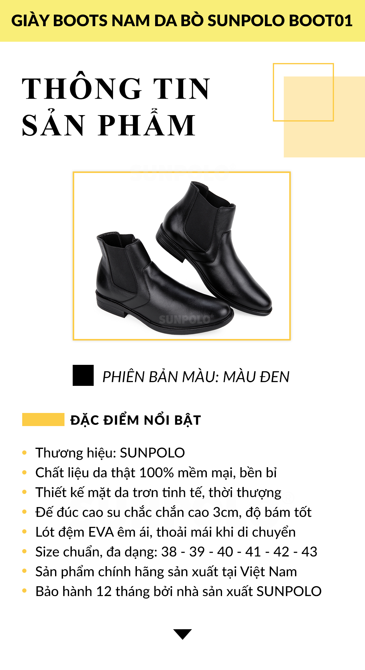 Giày Boots Nam Cổ Cao SUNPOLO BOOT01 - Thông Tin Chung