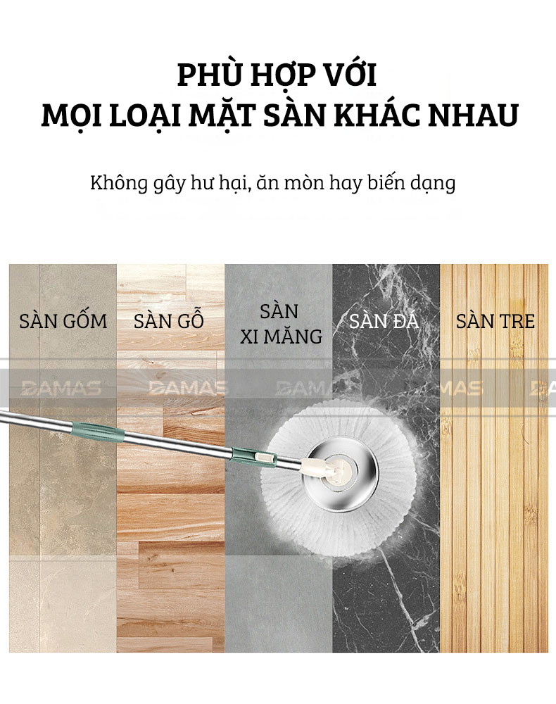 Bộ Cây Lau Nhà Tự Vắt Thông Minh Damas G720 - Chổi Lau Xoay 360 Độ, Giặt Sạch Vắt Khô Nhanh Chóng - Thiết Kế Nâng Cấp Bổ Sung Tay Kéo Giúp Di Chuyển Dễ Dàng - Chất Liệu Nhựa PP Cao Cấp Chống Mài Mòn Gia Tăng Thời Gian Sử Dụng - Hàng Chính Hãng