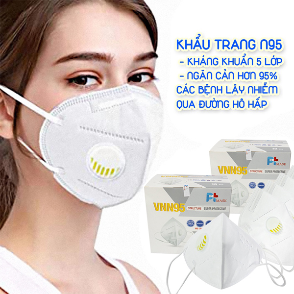 Khẩu Trang Y tế VNN95 PT Mask, 5 Lớp, Có Van Thở, kháng Khuẩn, Chống Bụi Siêu Mịn PM2.5, Màu Trắng - Đạt Các Chứng Chỉ ISO 13485, ISO 9001, CE, FDA.