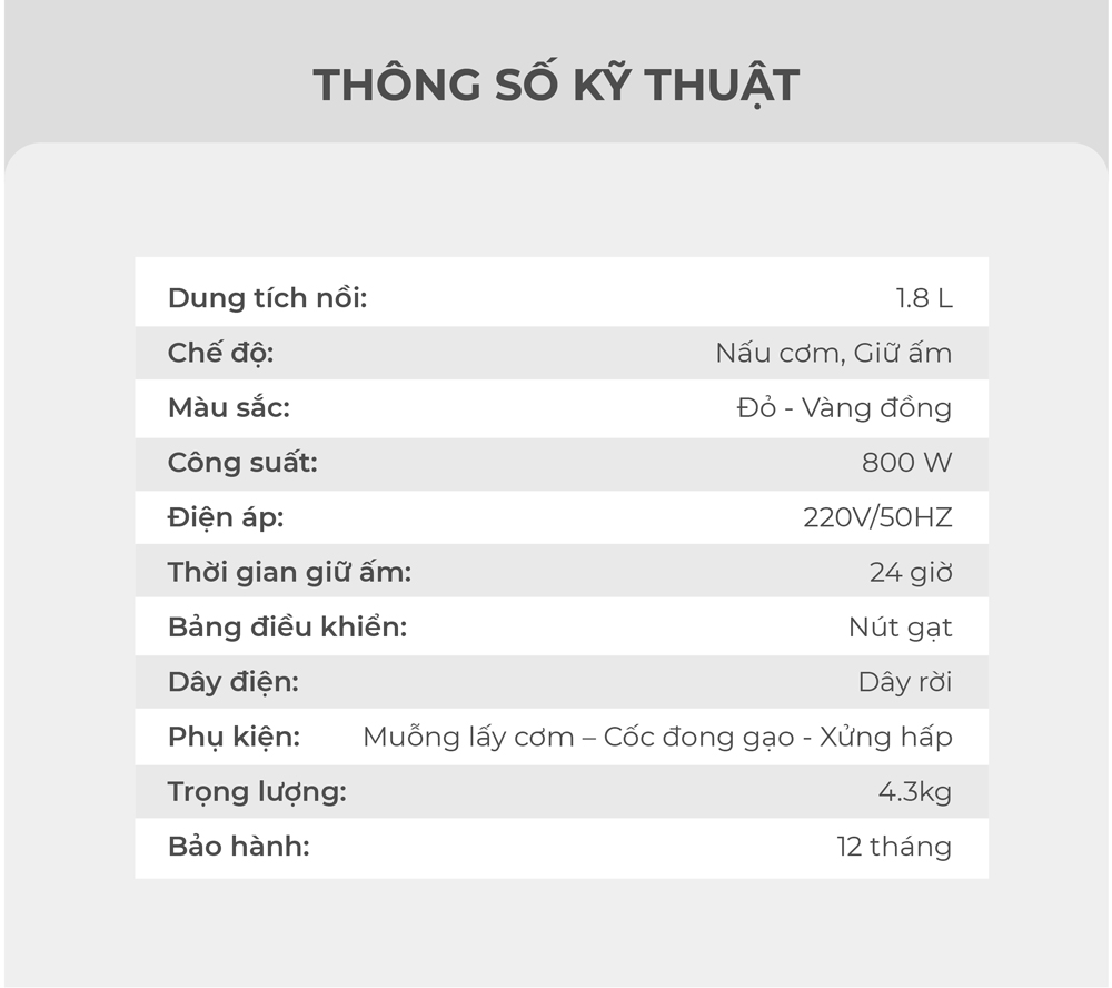 Nồi cơm điện KIPOR KP-N6518 - 1.8L - Nồi cơ dung tích lớn 4-6 người ăn, chống dính TEFLON 3mm 1Kg, màu đỏ/vàng đa năng -Hàng chính hãng- Bảo hành tại nhà 12 tháng