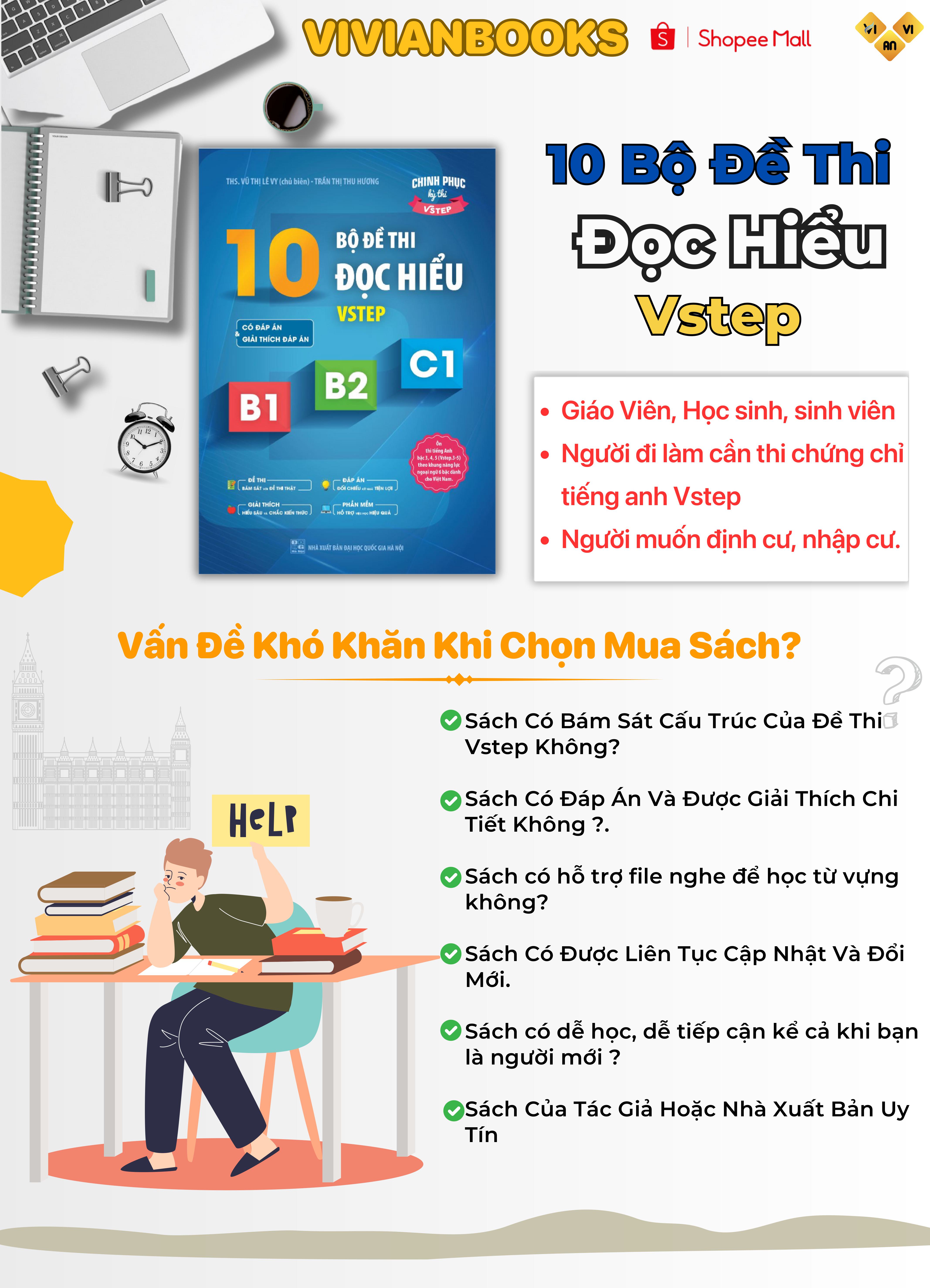 Sách 10 bộ đề thi Đọc hiểu Vstep B1-B2-C1 (tiếng Anh bậc 3,4,5)|Ôn thi TOEFL iBT reading, Vstep reading