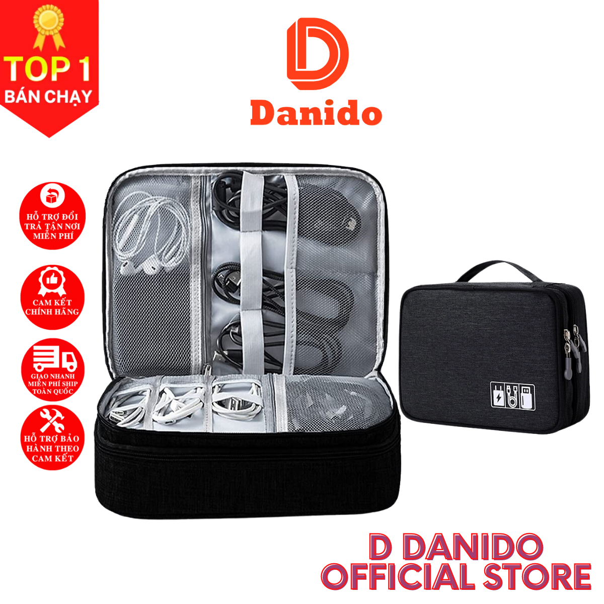 Túi đựng phụ kiện điện thoại 2 ngăn lớn cải tiến nhiều ngăn chống nước, chống sốc - Túi đựng bảo vệ phụ kiện điện thoại máy tính bảng cao cấp chính hãng D Danido 4