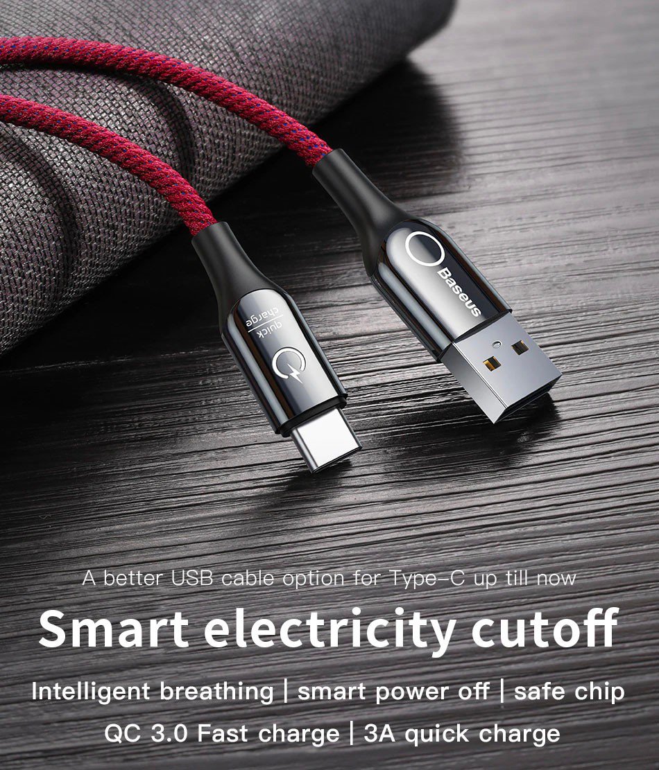 Cáp sạc Type C tự ngắt C Shape cho Androi (3A, Sạc nhanh QC 3.0, Sợi Carbon Siêu Bền, LED đổi màu thông minh) - Hàng Chính Hãng