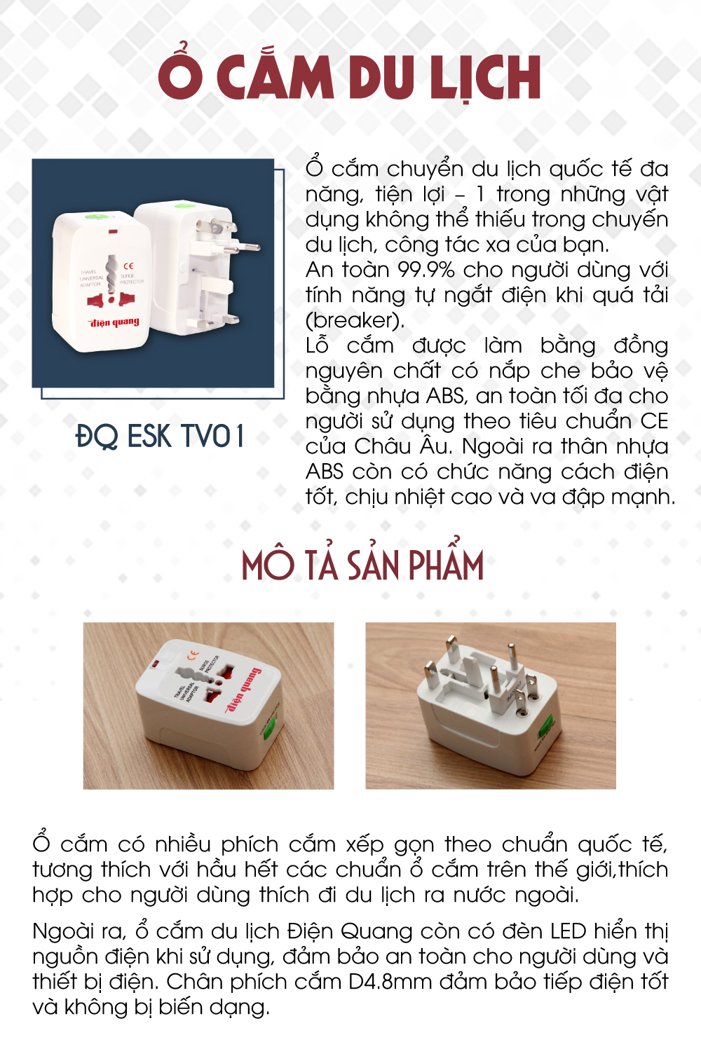 Ổ cắm du lịch Điện Quang ĐQ ESK TV01