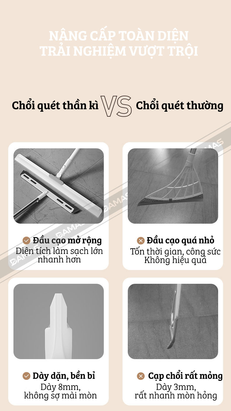 Cây Gạt Nước Sàn Nhà, Lau Kính Đa Năng 2 Trong 1 Damas C3 Pro - Chất liệu lưỡi gạt làm từ Silicone cao cấp - Tay cầm hợp kim bền đẹp, điều chỉnh độ cao linh hoạt - Lưỡi gạt xoay 360 độ giúp làm sạch mọi ngóc ngách dễ dàng, nhanh chóng, sạch bong kin kít