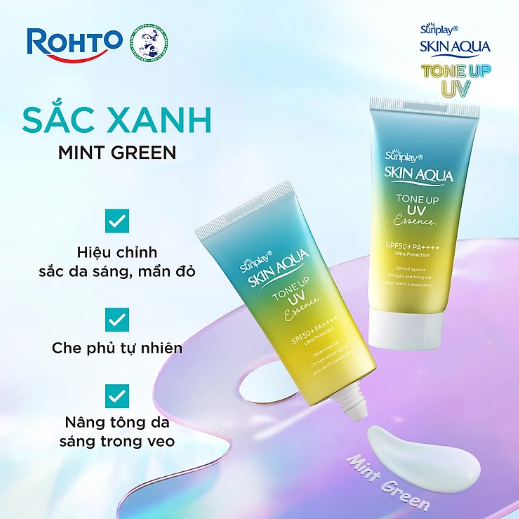 Kem chống nắng nâng tông Skin Aqua Tone up Mint Green cho da trắng có khuyết điểm đỏ, dạng tinh chất Sunplay Skin Aqua Tone Up UV Essence Mint Green SPF 50+ PA++++ 50g