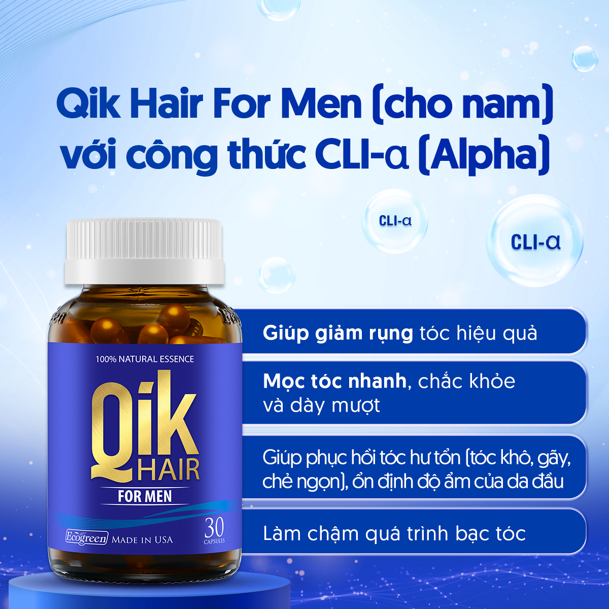 [Tặng Hộp 15v] Combo 4 Hộp 30v - Viên Uống Mọc Tóc Qik Hair For Men Ecogreen Giảm Rụng Tóc Cho Nam