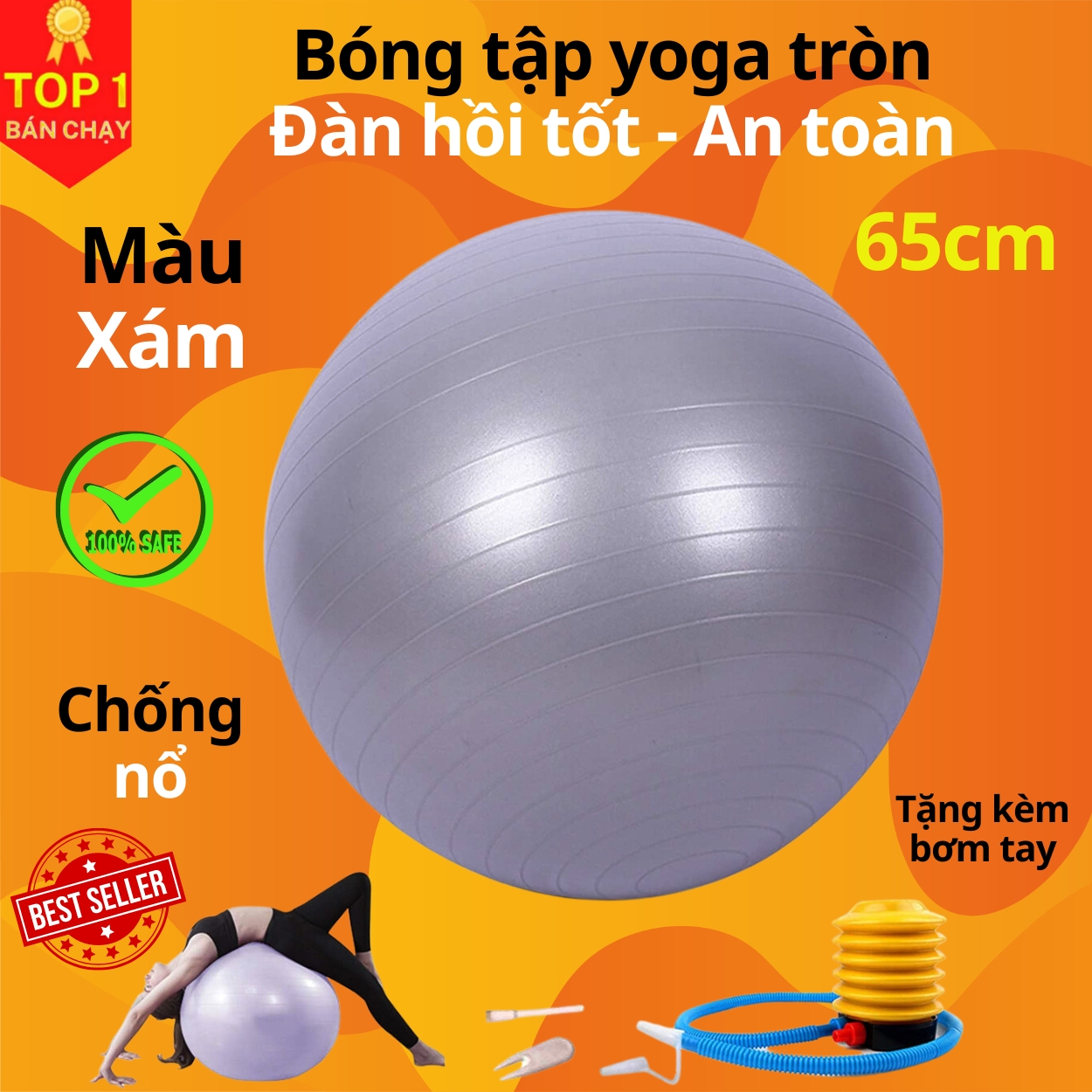 Bóng Tập Yoga, Bóng Yoga Tròn Cỡ Đại 65cm Cao Cấp - Chính Hãng (Hàng nhập khẩu)