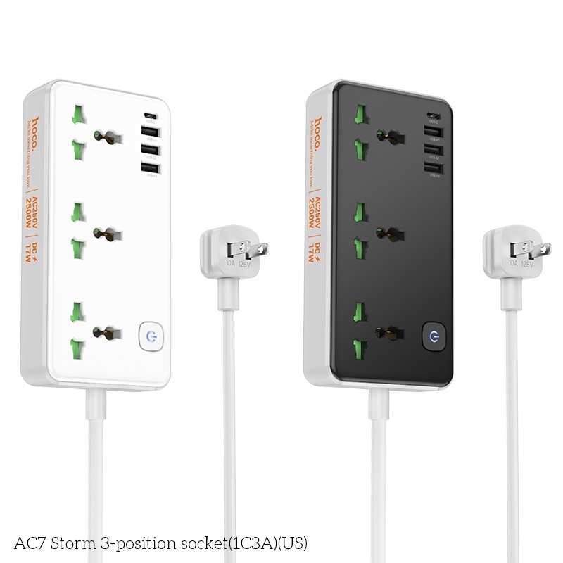 Ổ cắm điện đa năng sạc nhanh cổng typeC có 3 cổng USB và 1 cổng Type-C có 3 lỗ cắm tải 2500W dây dài 1.5m - Hàng nhập khẩu