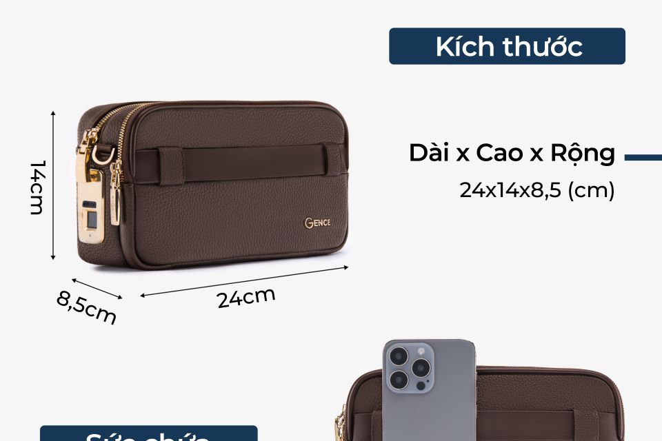 Ví Da Cầm Tay Clutch Nam Chính Hãng GENCE RB09 Da Bò Khóa Vân Tay Cao Cấp Màu Nâu