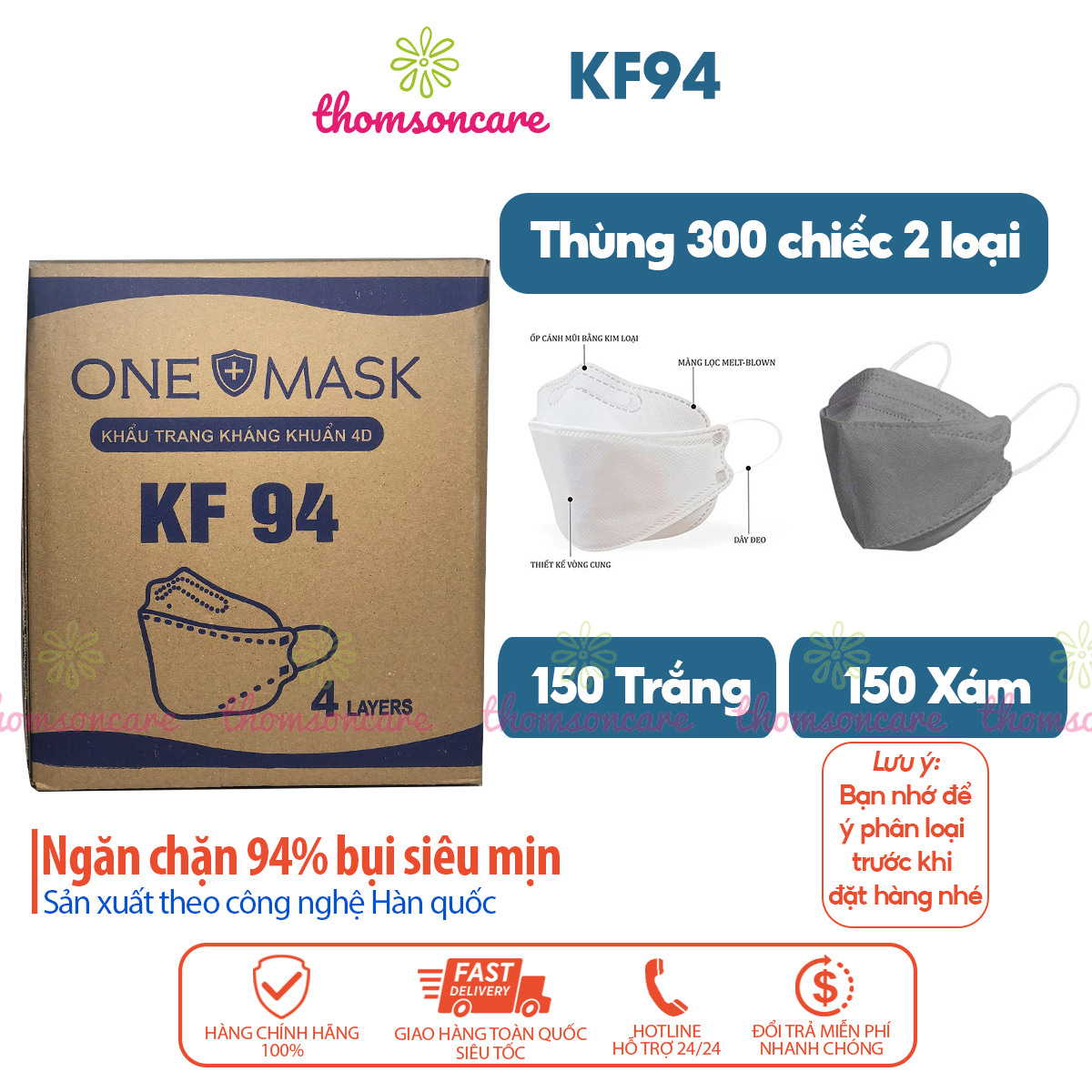 khẩu trang kf94 hàn quốc 4 lớp - thùng 300 chiếc ( 150 chiếc trắng, 150 chiếc xám) kháng khuẩn, chống bụi mịn, không khí ô nhiễm 1