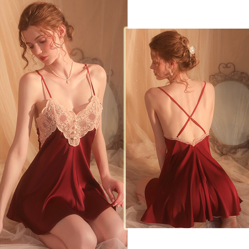 Váy ngủ lụa hai dây chéo lưng phối ren sexy gợi cảm P30 - Đầm ngủ lụa phối ren quyến rũ - Đồ ngủ nữ sexy
