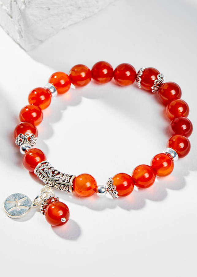 Vòng Tay Phong Thủy Nữ Đá Mã Não Đỏ Charm Cung Hoàng Đạo Song Ngư (8mm) Mệnh Hỏa, Thổ