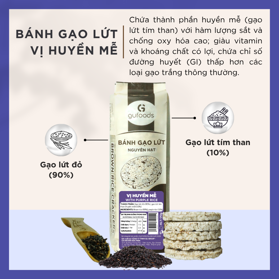 Bánh gạo lứt GUfoods (170g) - Không chiên dầu, Không đường, Từ gạo và ngũ cốc nguyên hạt, Lành mạnh, Phù hợp Eat clean, Ăn vặt healthy, Thực dưỡng, Tập gym, Thuần chay, Đa dạng hương vị