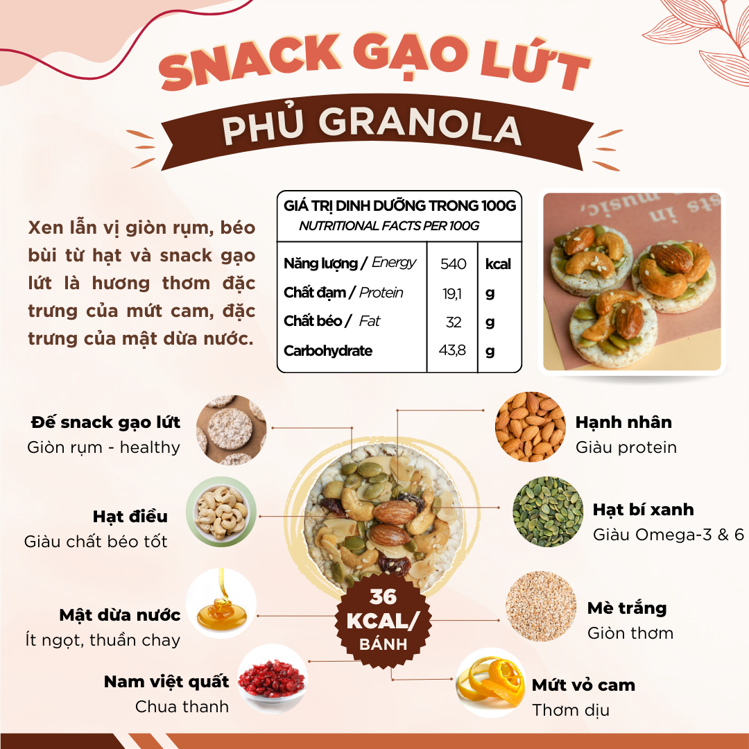 Snack gạo lứt phủ macca GUfoods - Topping siêu hạt, Giòn rụm, Thơm bùi, Giàu dinh dưỡng, Healthy, Eat clean, Thuần chay