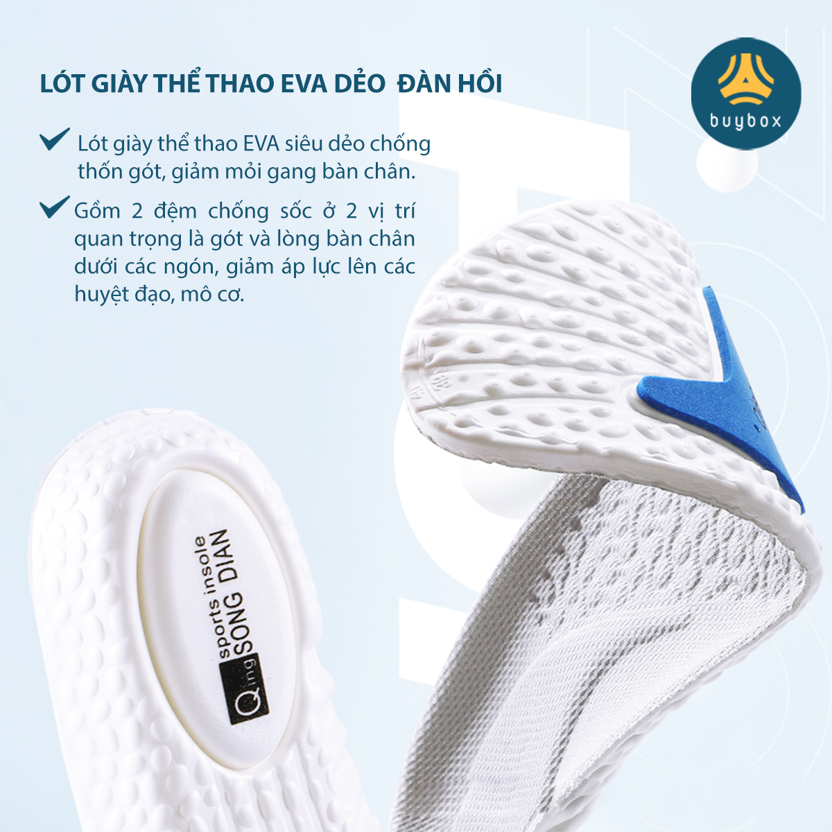 Lót giày nam nữ êm chân chất liệu vải mesh cấu trúc vòm nâng đỡ lòng bàn chân, kết hợp ốp PU chống thốn và bảo vệ gót chân - buybox - BBPK359