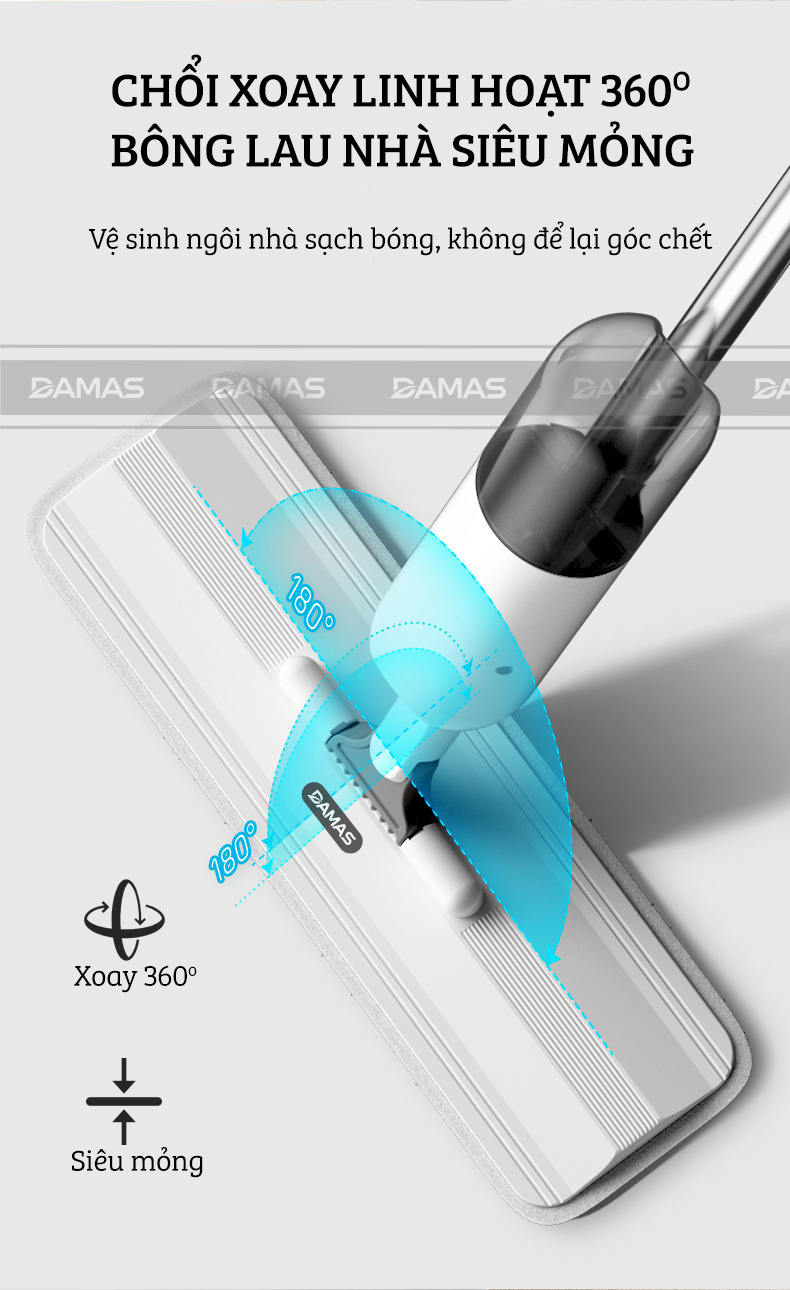 Cây Lau Nhà Phun Sương, Chổi Lau Nhà 360° Lau Sạch Khô Nhanh Cao Cấp Damas P1 Pro - Bản Lau To Giúp Lau Sạch Nhanh Chóng, Khớp Xoay 180 Độ Linh Hoạt - Thiết Kế Mới Tích Hợp Bình Chứa Dung Dịch Với Tốc Độ Phun Sương 0.1s - Hàng Chính Hãng