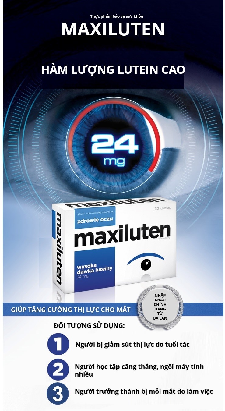 viên uống bổ mắt nhập khẩu chính hãng ba lan maxiluten (30 viên) giúp tăng cường thị lực cho mắt, bảo vệ mắt sáng khỏe, làm chậm quá trình thoái hóa điểm vàng của mắt 2