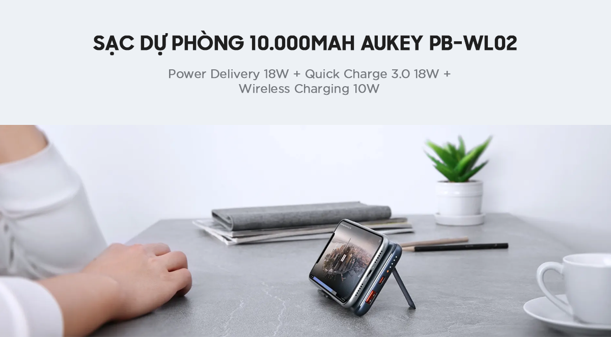 Sạc Dự Phòng Aukey PB-WL02 10.000 mAh, Sạc Nhanh PD 18W, QC 3.0, Sạc Không  Dây Qi 10W, Tích Hợp Giá Đỡ - Hàng Chính Hãng | Tiki