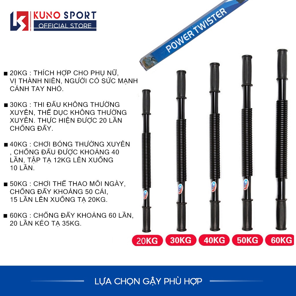 Gậy Tập Cơ Tay Lò Xo Kháng Lực KUNO SPORT, Thanh Lò Xo Power Lực Từ 20KG Đến 60KG