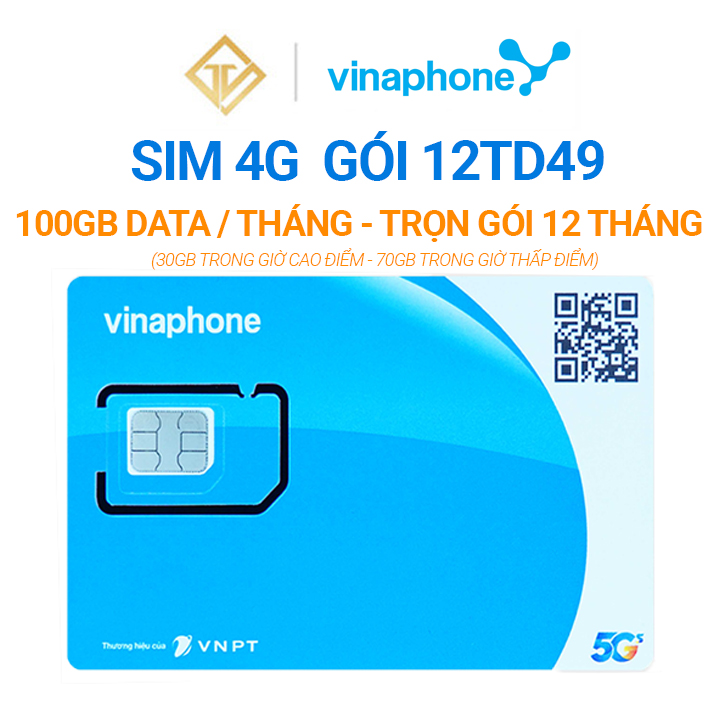 Sim 4G Vinaphone 12TD49 100GB/Tháng Data Tốc Độ Cao - Trọn Gói 1 Năm Không Cần Nạp Tiền - Hàng chính hãng