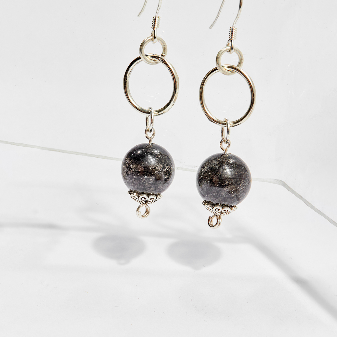 Bông tai đá thạch anh tóc đen 10mm mệnh thủy , mộc- Ngọc Quý Gemstones