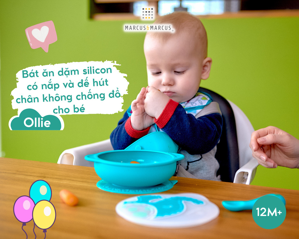 Bát tập ăn silicon có nắp và đế hút chân không chống đổ cho bé Marcus & Marcus, từ 12 tháng - Ollie