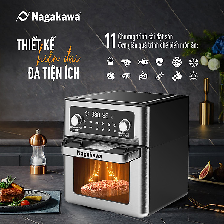 Nồi chiên không dầu Nagakawa NAG3304 (12L) - 11 chương trình nấu - Công nghệ Rapid Air 360 độ - Hàng chính hãng