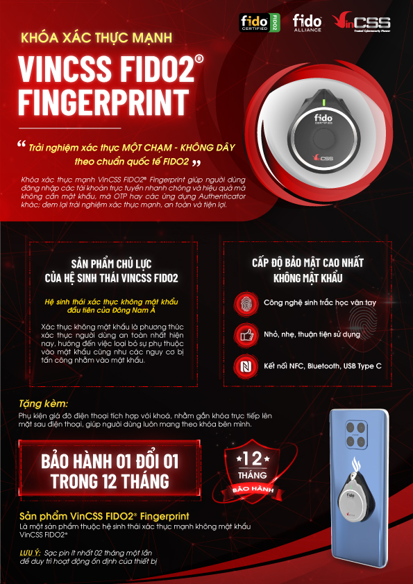 Khóa Xác Thực Mạnh VinCSS FIDO2 Fingerprint (Kết Nối USB Type-C, Bluetooth, NFC) – Sử Dụng Sinh Trắc Học Vân Tay - Hỗ Trợ Đăng Nhập An Toàn Không Mật Khẩu, Chuẩn UAF/U2F/FIDO2 - Hàng Chính Hãng