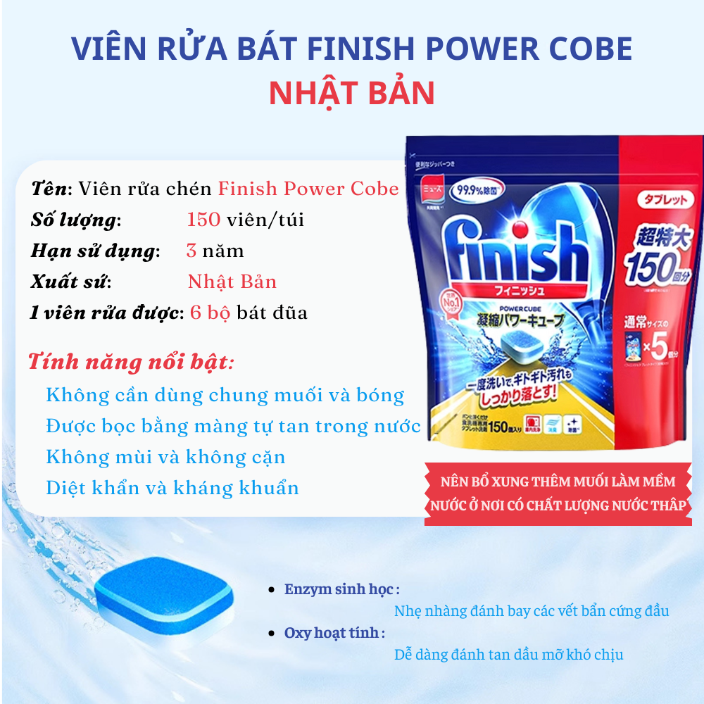 viên rửa bát finish Nhật Bản ( Viên rửa bát finish tổng hợp 3 trong 1 tích hợp muối bóng bột)
