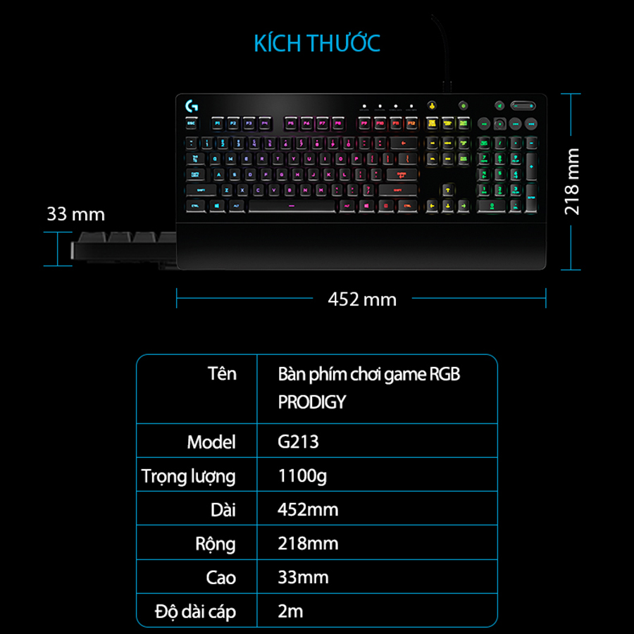 Bàn phím game có dây Logitech G213 Prodigy RGB Lightsync - Hàng chính hãng