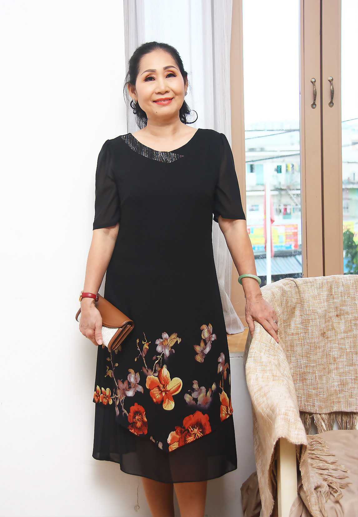 Đầm trung niên bigsize - Đầm suông voan hoa cổ tim TIFALU705