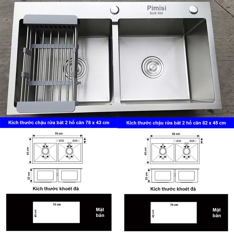 Kích thước chậu rủa bát inox 304 kiểu 2 hố  cân Pimisi