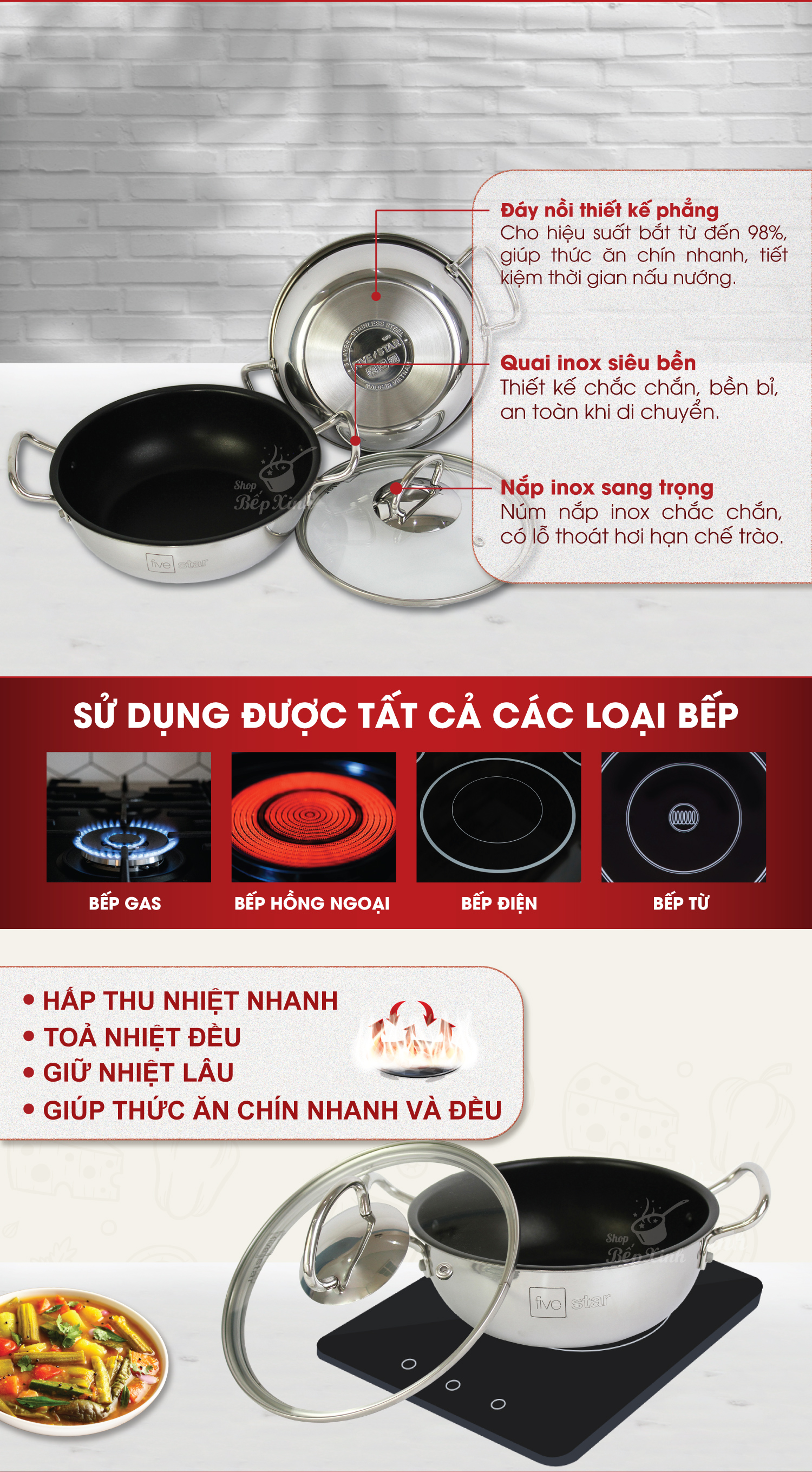 Nồi inox chống dính cao cấp Fivestar nắp kính inox 430 , tặng 5 muỗng ăn 18cm | 20cm | 22cm | 24cm | 26cm | 28cm