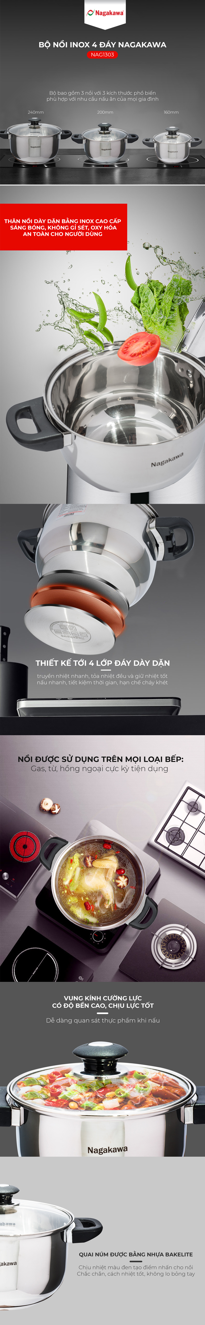 Bộ nồi inox cao cấp 4 đáy Nagakawa NAG1303 (size 16cm, 20cm, 24cm) dùng cho mọi loại bếp - Hàng Chính Hãng