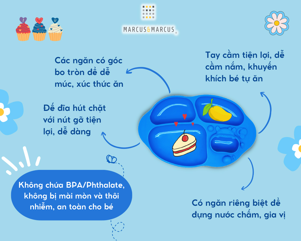 Đĩa ăn dặm silicon chia ngăn có đế hút chân không chống đổ Yummy Marcus & Marcus, cho bé từ 18 tháng