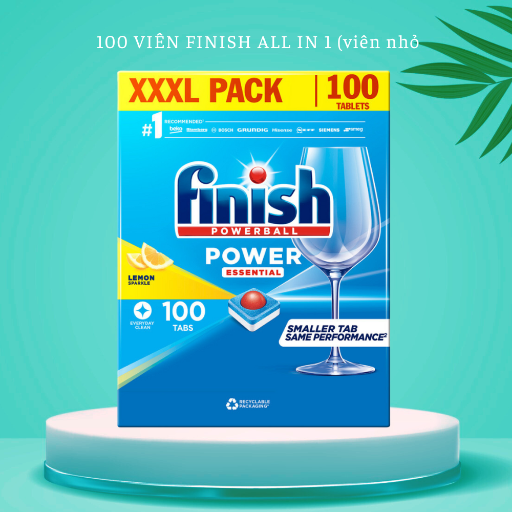 Viên Rửa Chén Bát Hương Chanh Finish Powerball Power Essential Lemon Sparkle - Túi 100 viên siêu tiết kiệm