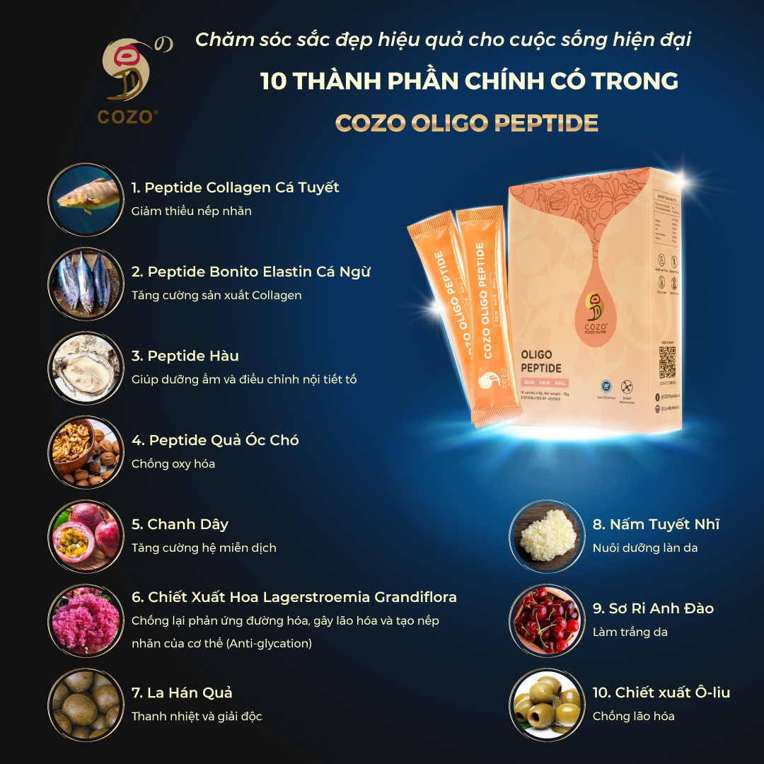 Bột Peptide COZO Oligo Peptide Giúp Tăng Cường Sản Xuất Collagen, Chống Lão Hóa, Làm Trắng Da và Dưỡng Ẩm 