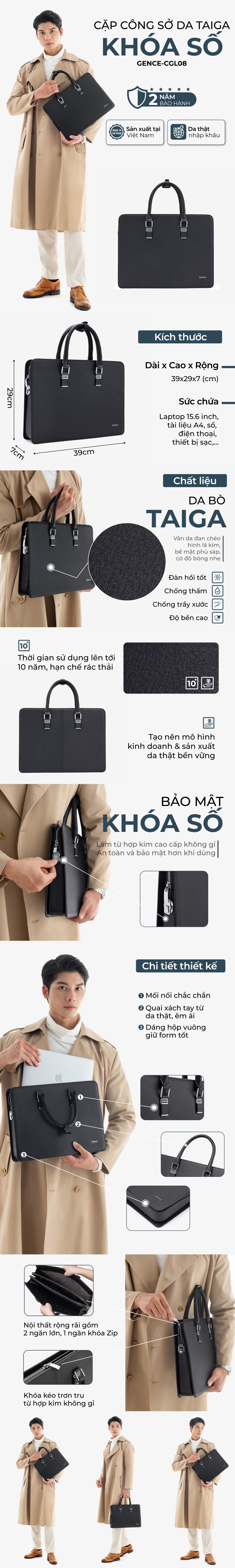 Túi Xách Cặp Da Nam Công Sở GENCE CGL08 Chất Liệu Da Bò Khóa Số Cao Cấp Màu Đen