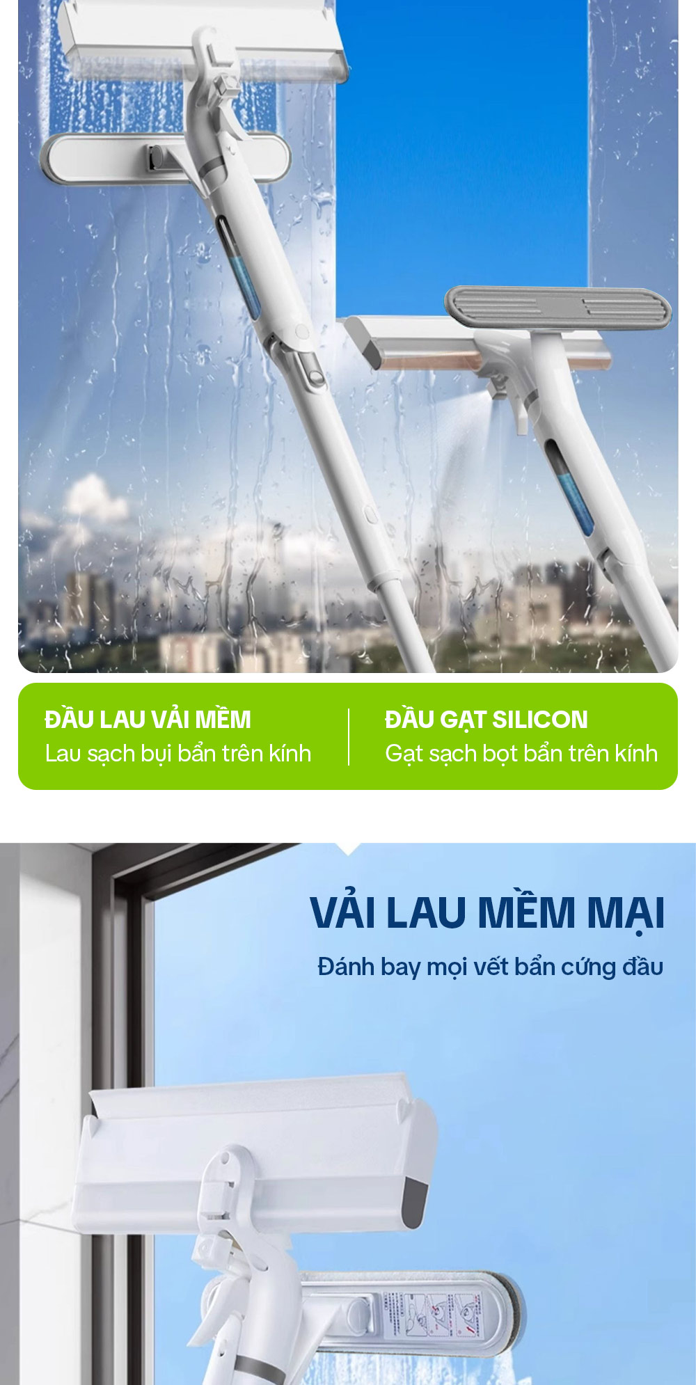 Cây lau kính, gạt chùi kính 4 trong 1, cán nhôm độ dài linh hoạt, thu nước trên kính, có phun sương Parroti Shiny SN04