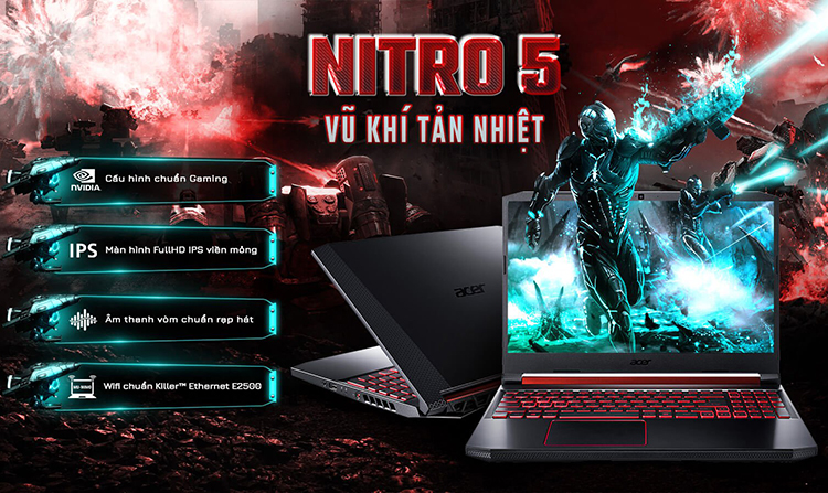 Laptop Acer Nitro 5 AN515-43-R65L NH.Q5XSV.004 (AMD Ryzen 7 3750H/ 8GB DDR4 2666MHz/ 256GB SSD M.2 PCIE/ RX 560X 4GB/ 15.6 FHD IPS/ Win10) - Hàng Chính Hãng